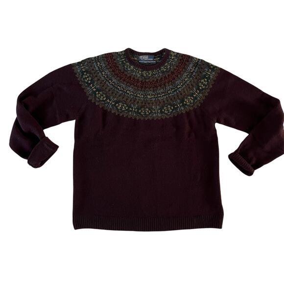 Vintage Polo Hand Knit Cashmere Wool Blend Maroon Fair Isle Sweater Men's XL - Picture 1 of 9